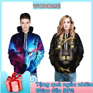 Áo Khoác Hoodie Chui Cổ Nam Nữ In Hình Chó Sói 3D