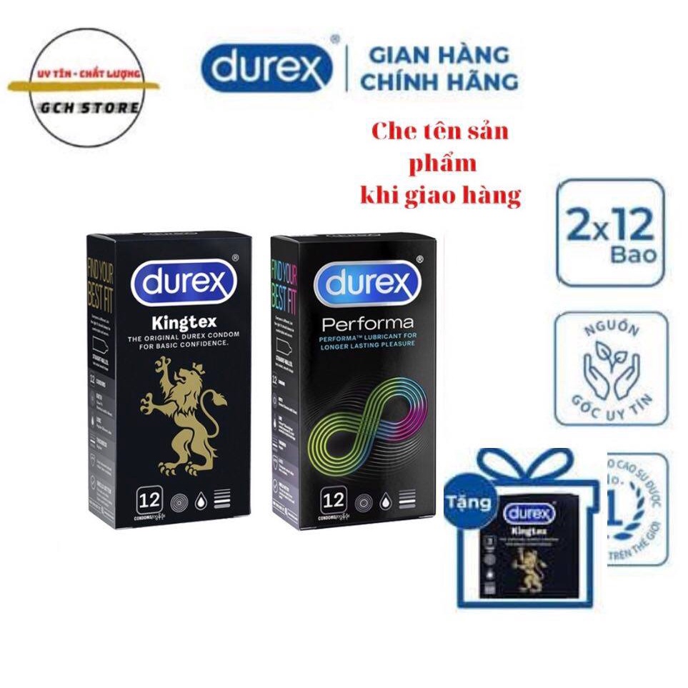 COMBO 12 bao cao su siêu mỏng ôm khít Durex Kingtex size 49mm + 12 bao cao su kéo dài thời gian Durex Performa