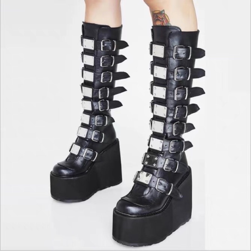 (Có sẵn) Boot chiến binh cosplay, giày da cao cổ phối khuyên sắt gothic đế dày, punk đế bánh mì platform