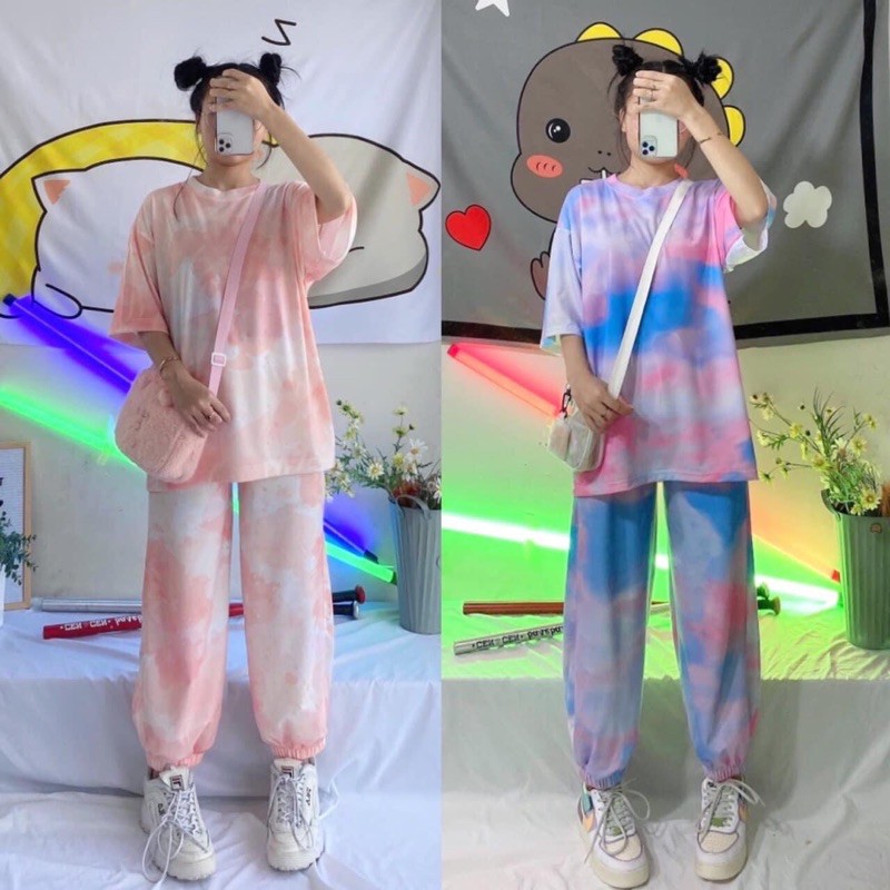 Bộ Thun Loang Màu Trơn Ảnh Thật(Quần Jogger-Thun Tay Lửng)