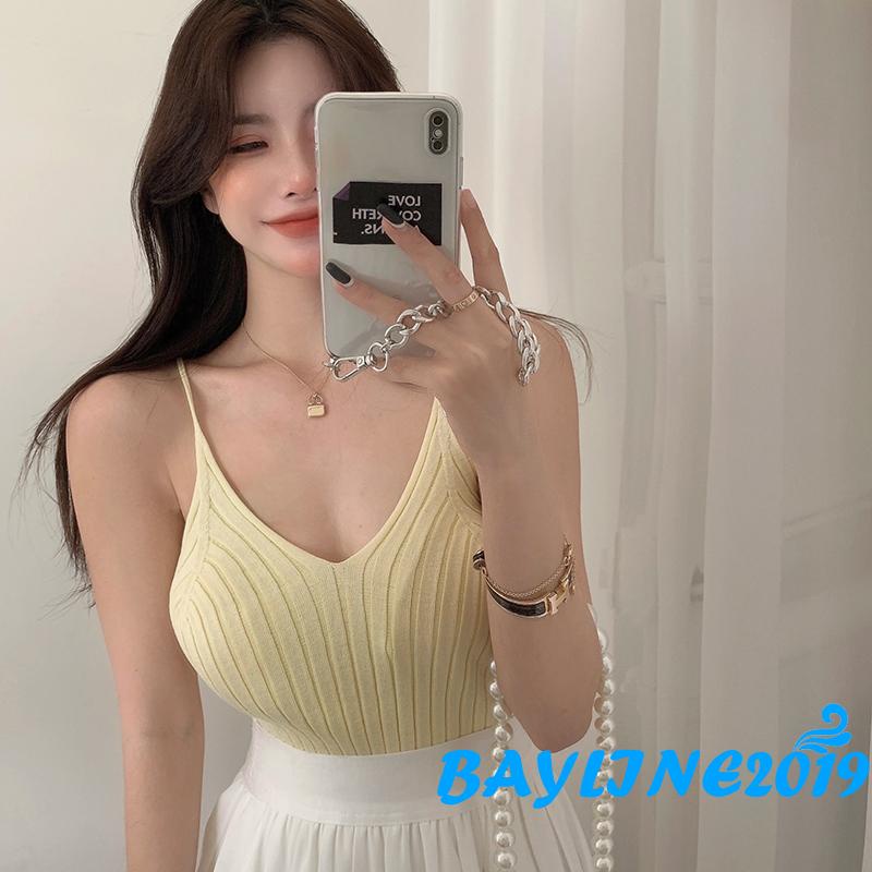 Áo Hai Dây Dệt Kim Cổ Chữ V Màu Trơn Thời Trang Cho Nữ