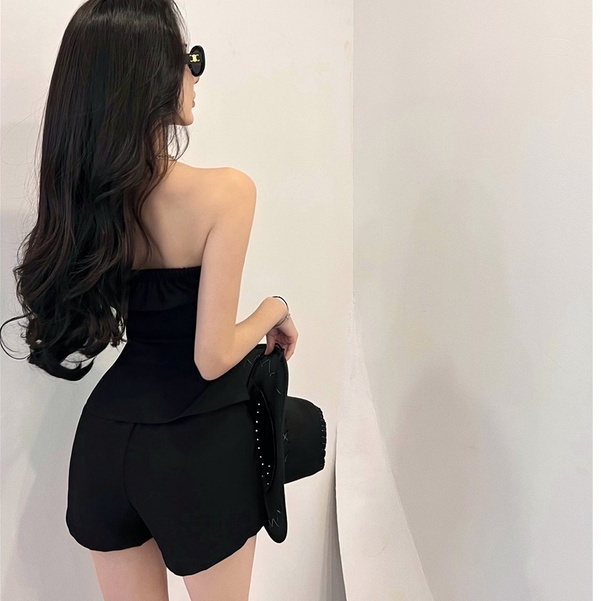 Set Áo Ống Màu Đen + Quần Short Lưng Cao Phong Cách Hàn Quốc Cho Nữ