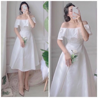 Đầm váy trắng đi tiệc trễ vai form dài