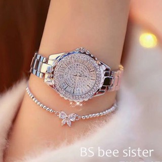 Đồng Hồ Nữ BS Bee Sister MS130 Mặt Tròn Viền Đính Đá Dây Thép Chính Hãng
