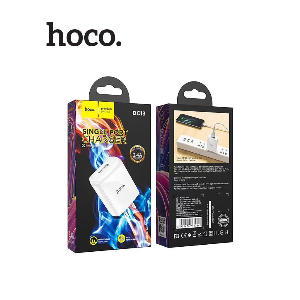 Củ sạc 2.4A Hoco DC13 chuôi dẹt vật liệu PC chống cháy 1 cổng Usb dành cho mọi thiết bị