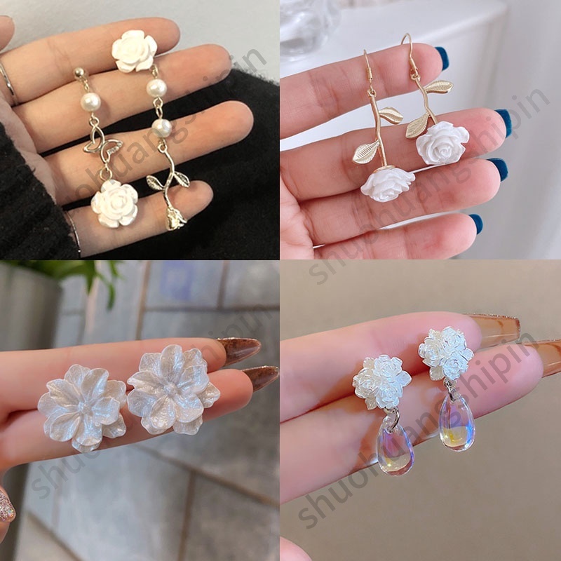 Khuyên Tai Hình Hoa Trắng Đơn Giản Độc Đáo Phong Cách Nhật Hàn Mới