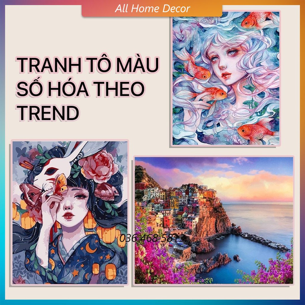 Tranh số hóa tô màu theo mẫu hot trend Alpha, tranh sơn dầu 40x50cm đầy đủ màu và cọ vẽ