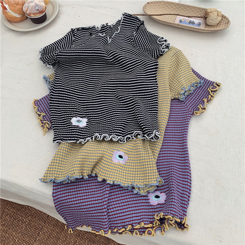 AMOI Áo Thun Tay Ngắn Họa Tiết Sọc Thời Trang Phong Cách Hàn Quốc Cho Nữ