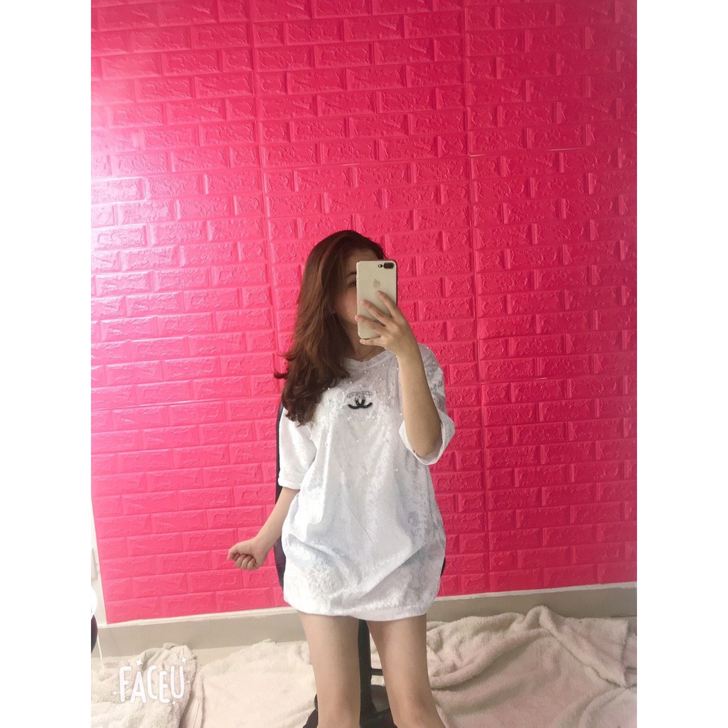 Áo thun form rộng vải nhung siêu sang chảnh đính hạt