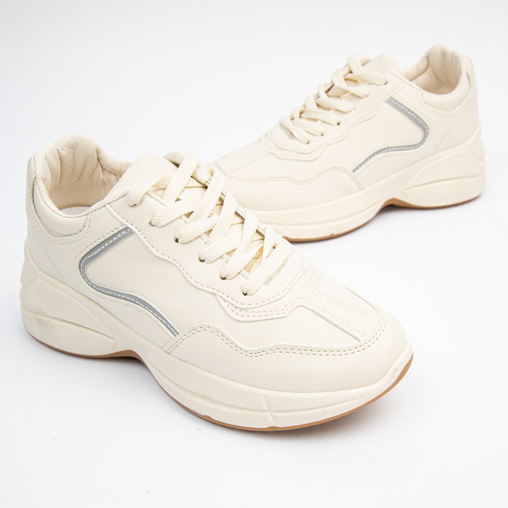 Giày MWC 0531 - Giày Thể Thao Nữ Đế Cao Da Phối Sọc Năng Động Cá Tính Màu Trắng Kem