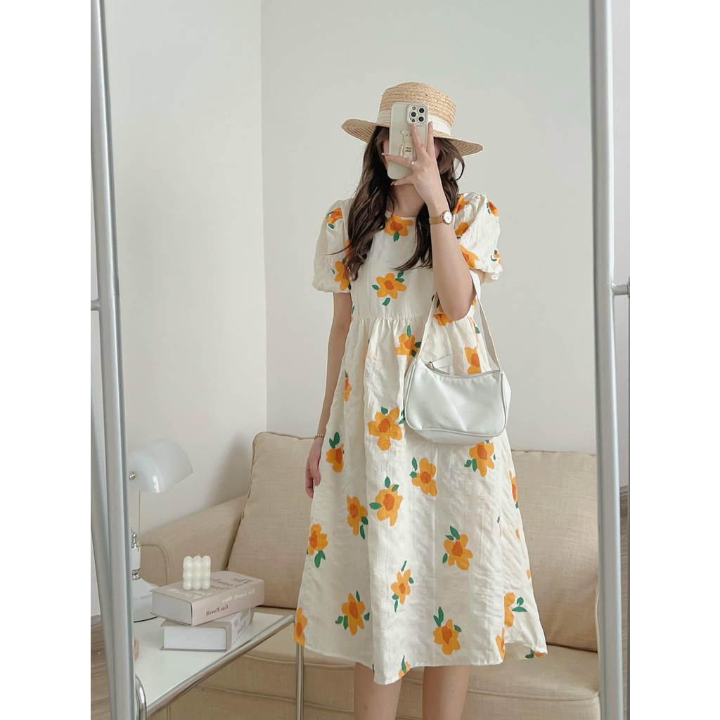 Váy Dáng Dài Tay Bồng Hoa Cam, Váy Babydoll Chất Xốp Hai Lớp
