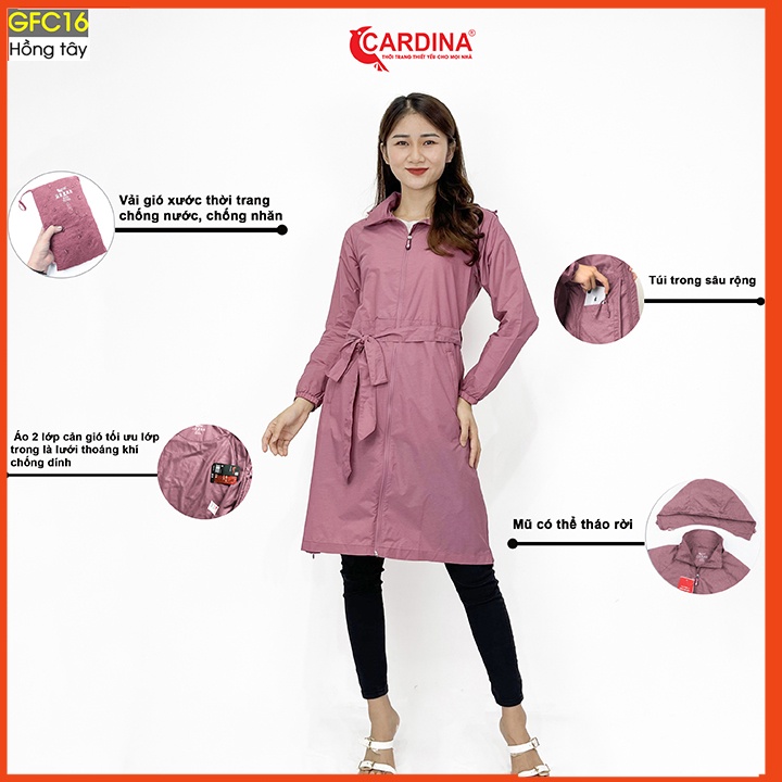 Áo gió nữ CARDINA chất gió xước 2 lớp lót lưới dáng choàng cao cấp cản gió chống thấm nước kèm đai thắt GFC.