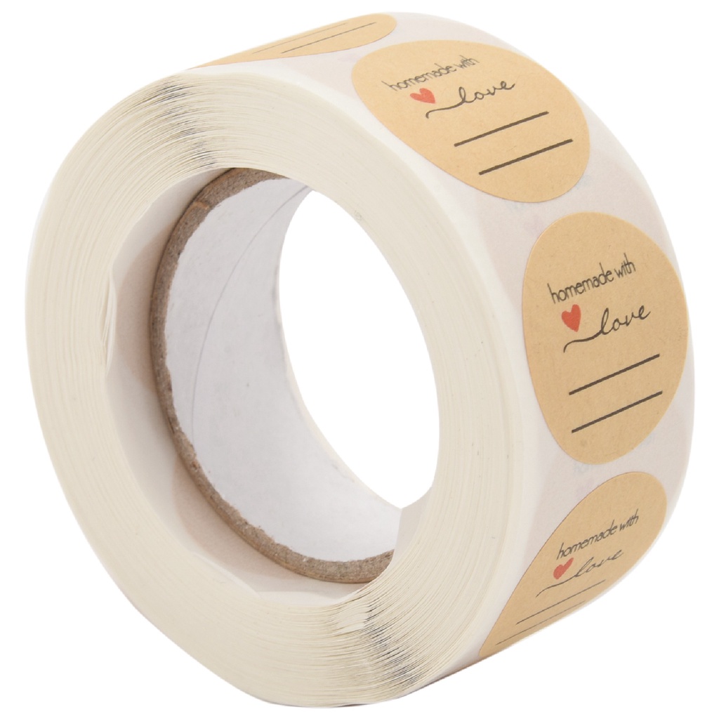 Cuộn 500 nhãn dán hình tròn 1 inch in chữ 'homemade with love' dùng làm thủ công