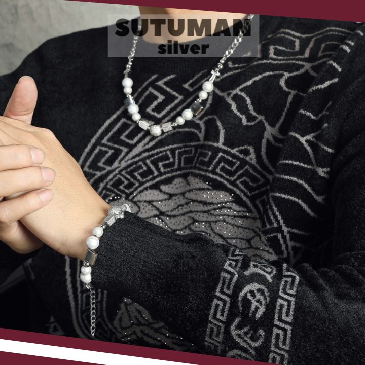 [HỎA TỐC] Vòng cổ và lắc tay nam thép titan có hạt ngọc Tide Skull Dice Hip Hop không gỉ không bay màu SUTUMAN silver