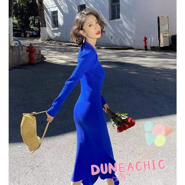 DUNEA Đầm Dệt Kim Cổ Vuông Lưng Cao Thiết Kế Quyến Rũ Cho Nữ