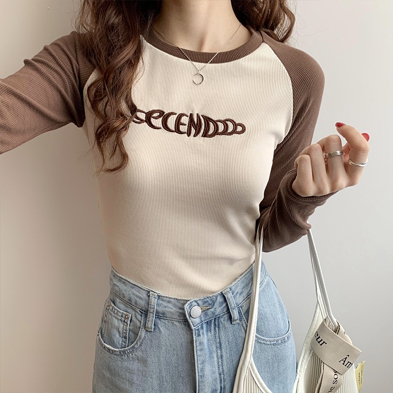 Áo Thun Dệt Kim Tay Dài Dáng Ôm In Họa Tiết Màu Sắc Tương Phản Thời Trang Mùa Thu Cho