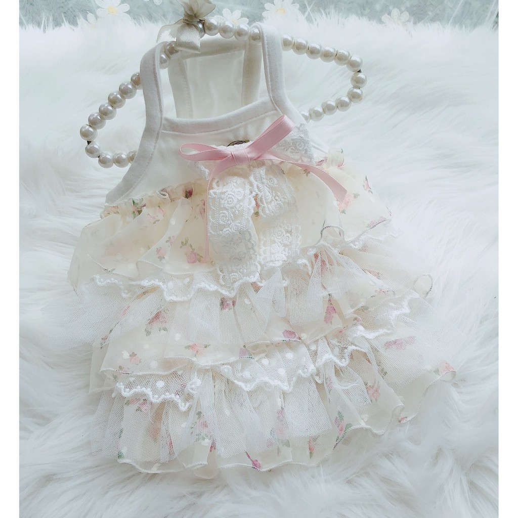 Váy hai dây CAMQUYTSTORE thiết kế voan tầng hoa phối nơ ren cho thú cưng