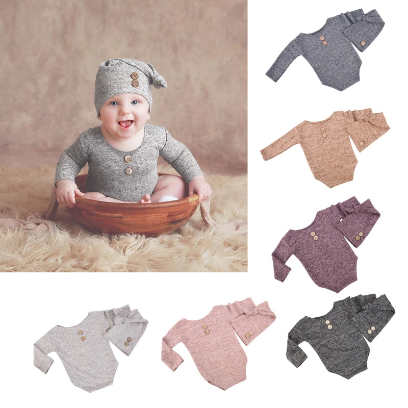 Bộ 2 Món Áo Liền Quần Tay Dài + Mũ Đuôi Dài Màu Trơn Cài Nút Xinh Xắn Cho Bé Sơ Sinh