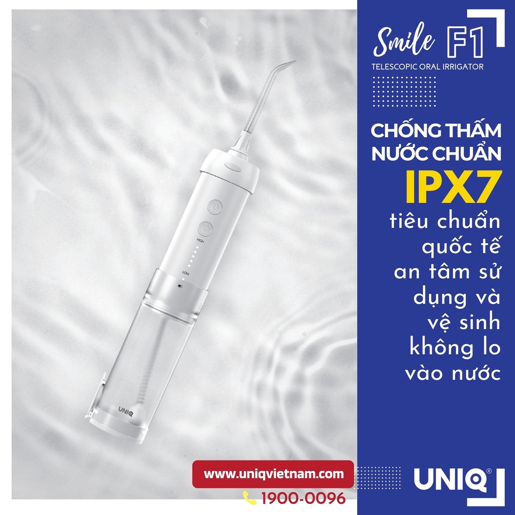 Tăm nước cầm tay UNIQ x CRENOT Smile F1 mini động cơ Nhật Bản cao cấp máy vệ sinh răng miệng xịt rửa làm sạch kẽ niềng