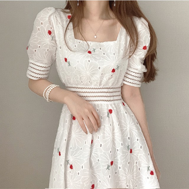 Đầm hoa phối ren tay bồng cổ vuông thanh lịch - ảnh thật ở cuối - psyche | BigBuy360 - bigbuy360.vn