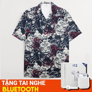 Áo sơ mi hoạt tiết hình xăm mặt quỷ - Sơ mi hawaiian tay ngắn cộc cho nam - Neofelis