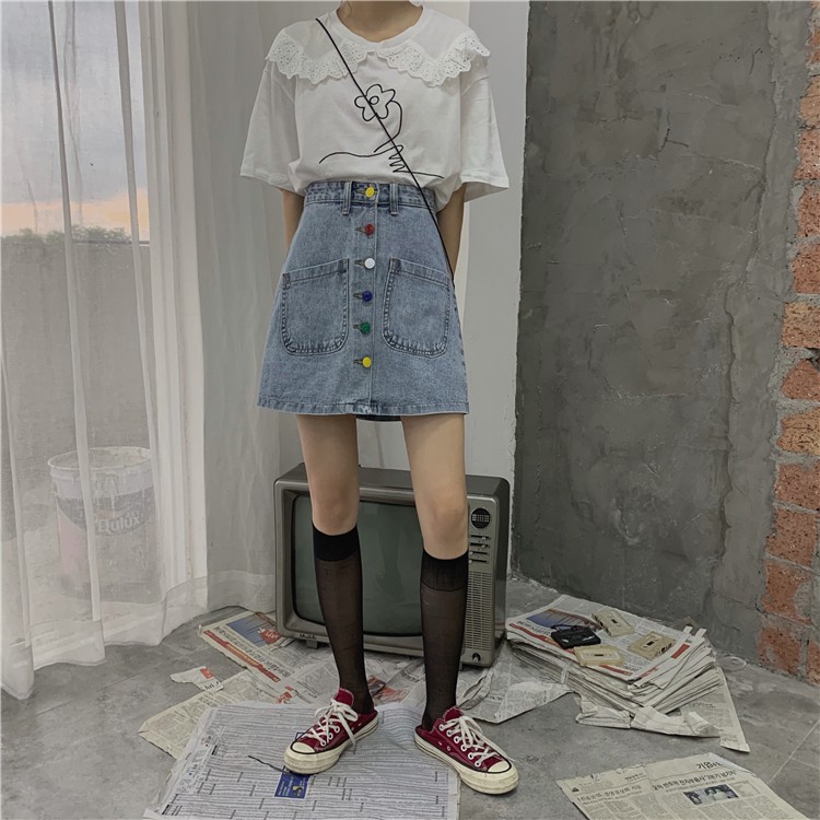 Xiaozhainv Chân Váy Denim Lưng Cao Phong Cách Hàn Quốc | BigBuy360 - bigbuy360.vn