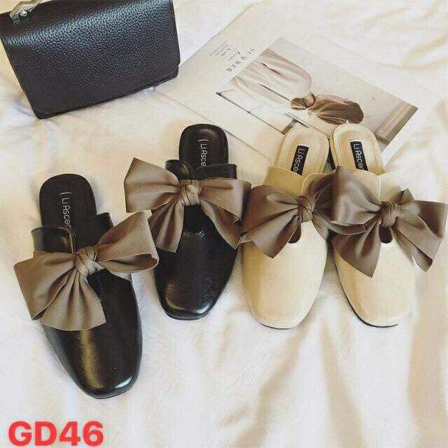 Giày nữ hở gót I Sục da lì mũi vuông nơ to cực bền đẹp Hàng Quảng Châu loại 1 xịn xò | BigBuy360 - bigbuy360.vn