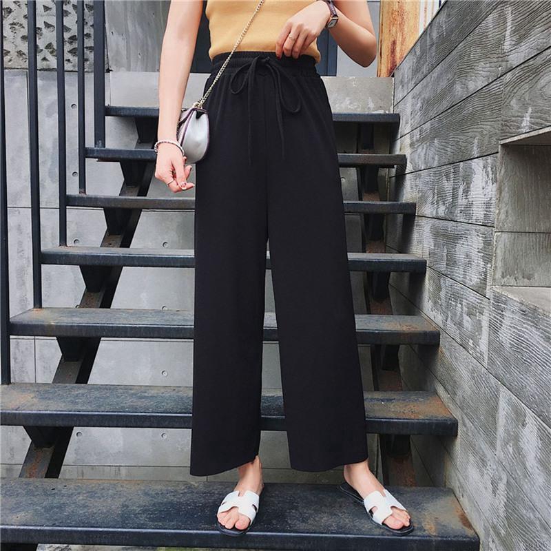 Quần nữ lưng cao ống rộng màu trơn phong cách Hàn Quốc