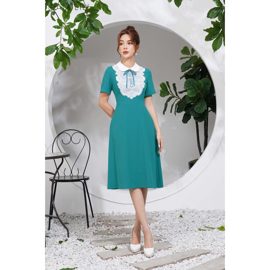 LALULILL - Đầm dáng A cổ sen ren đô ngực xanh ngọc LDL2261702