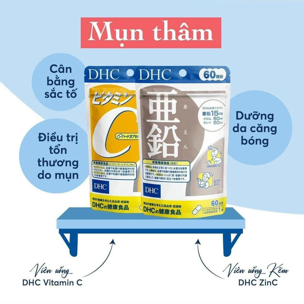 Bộ Đôi Vừa Giảm Mụn Vừa Mờ Thâm DHC Viên Uống Kẽm và Vitamin C (Gói 30 ngày)