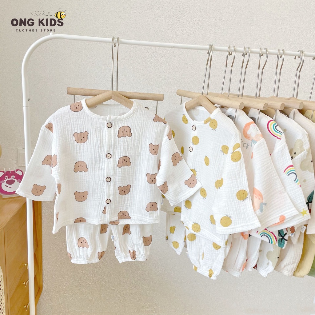 Đồ bộ bé trai bé gái hình mặt gấu năng động cá tính, Set quần áo sơ sinh vải xô Muslin tay lỡ Hàn Quốc