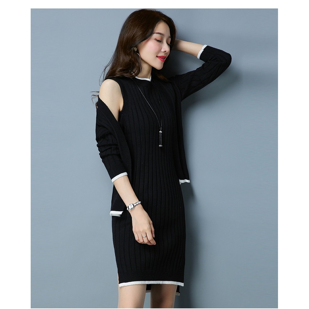 Set váy đầm len kèm áo khoác cardigan cao cấp, duyên dáng, sang trọng