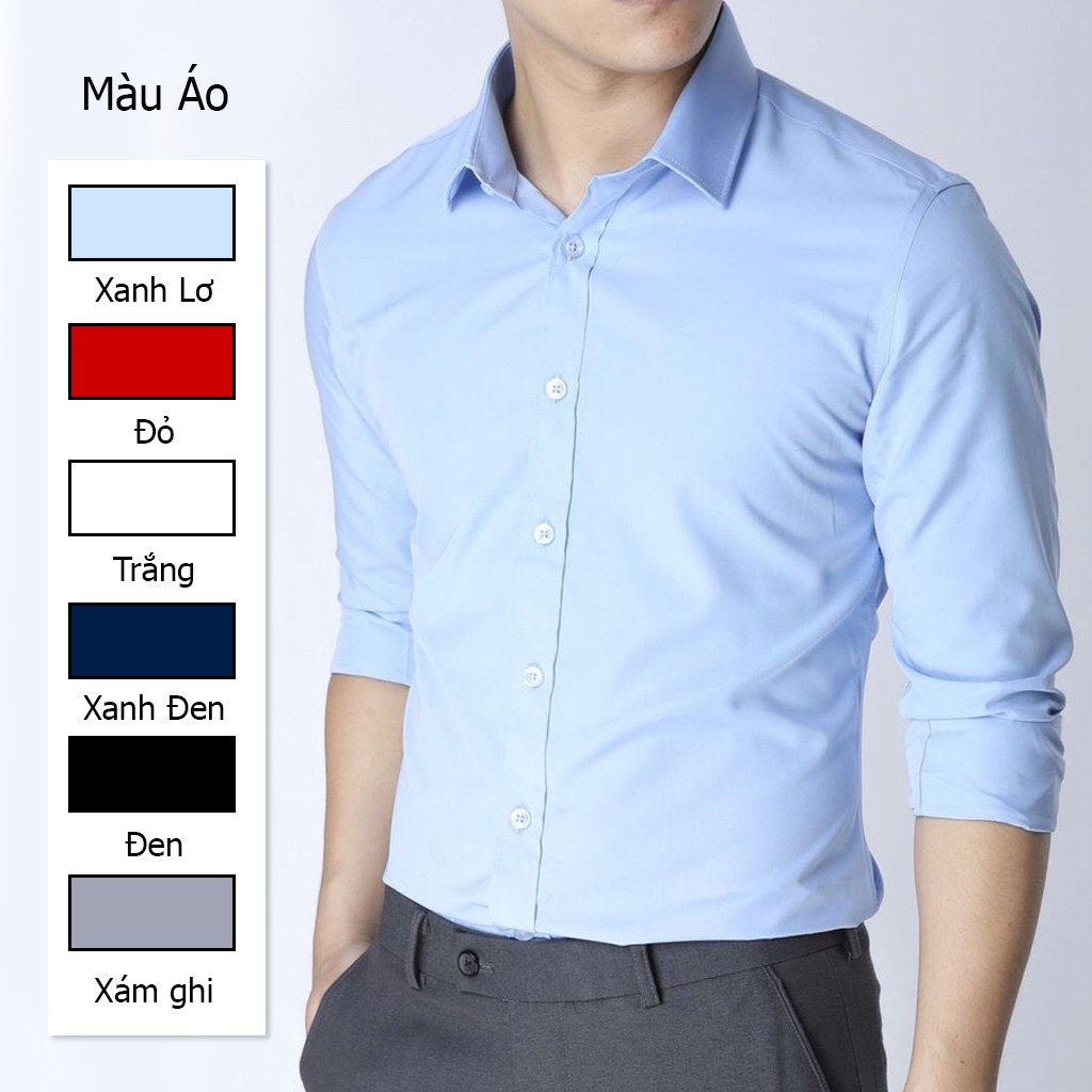 Áo Sơ Mi Nam Dài Tay Hàn Quốc Dáng Ôm Cổ Bẻ Vải Lụa Thái Chống Nhăn Chống Xù