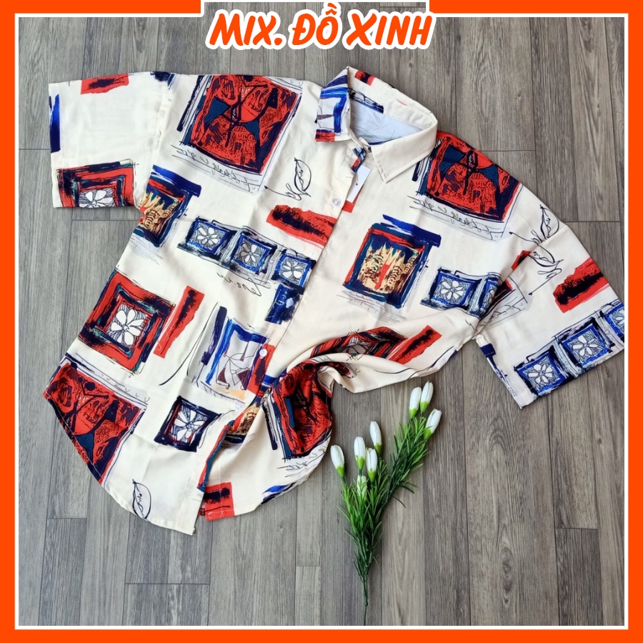Áo sơ mi nữ form rộng tay lỡ Thu Hà dáng ulzzang chất liệu đũi trơn mịn mát, in hình Ô Tranh