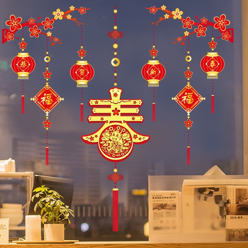 Decal dán tường Tết HÍT TĨNH ĐIỆN 2 Cành mai chữ Phúc vàng sáng