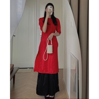 Set áo dài gấm vintage kèm quần suông lụa mềm đen, áo dài cách tân gấm diện tết 2022