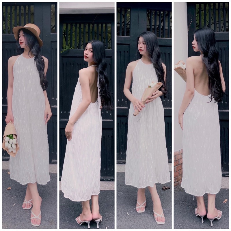 Đầm maxi đi biển MYA HOUSE cổ yếm đan lưng vải thun gân sóng