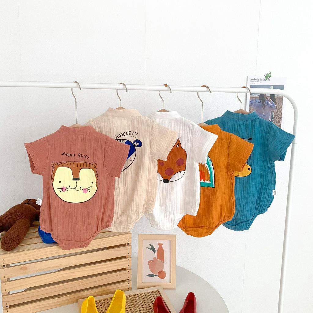 Áo Liền Quần Ngắn Tay Chất Liệu Cotton In Hình Hoạt Hình Dành Cho Bé Trai 0-18 Tháng Tuổi