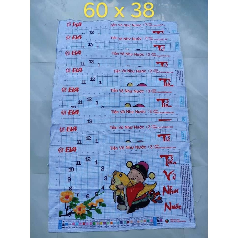 (Đã thêu xong hcuaw khung) Tranh thêu tay chữ thập Đồng hồ TIền vô như nước 60x38 cm
