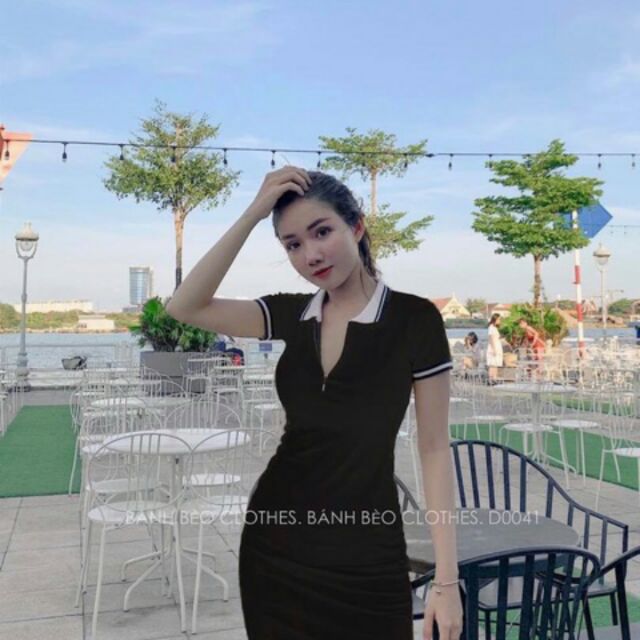 Đầm dây kéo cổ bẻ