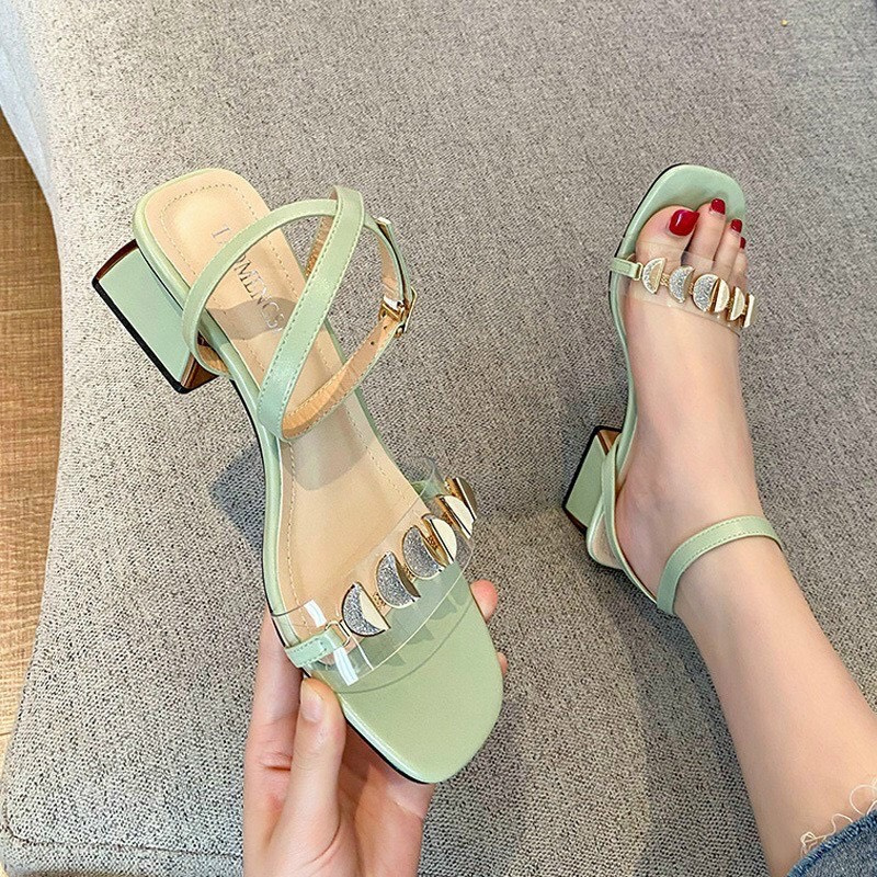 Giày sandal gót vuông 5cm phối quai tròn cực xinh