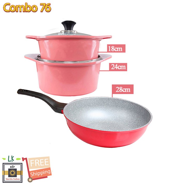 [Chính Hãng Hàn Quốc] Combo 76 3 món cao cấp, bộ 2 nồi đúc ceramic 2 tay cầm màu hồng (size 18-24cm) và Chảo đúc