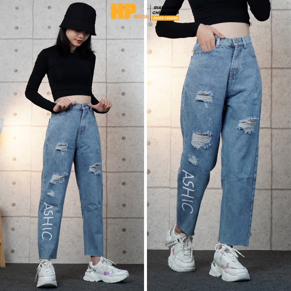 Quần baggy nữ ❤️ Quần jean cạp lưng cao in chữ ASHIC phối rách cá tính, chất bò dày dặn - QJ10