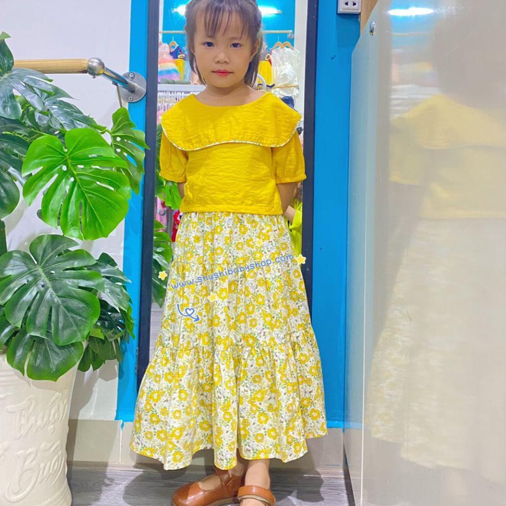 Set bé gái chân váy maxi hoa vàng + áo crotop cổ cách điệu xinh xắn dễ thương