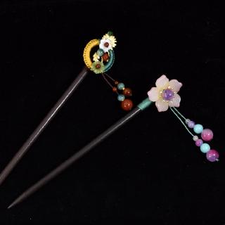 Japanese style long women's wooden hairpin fashion flower headdress colorful round bead pendant jewelry accessories 0743