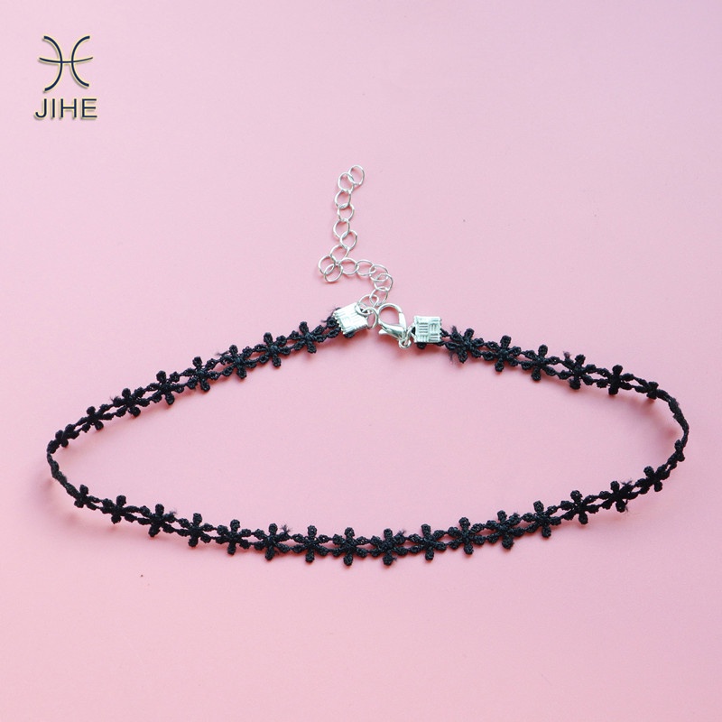【JIHE】Vòng Cổ Choker Màu Đen Phối Ren Đơn Giản Thời Trang