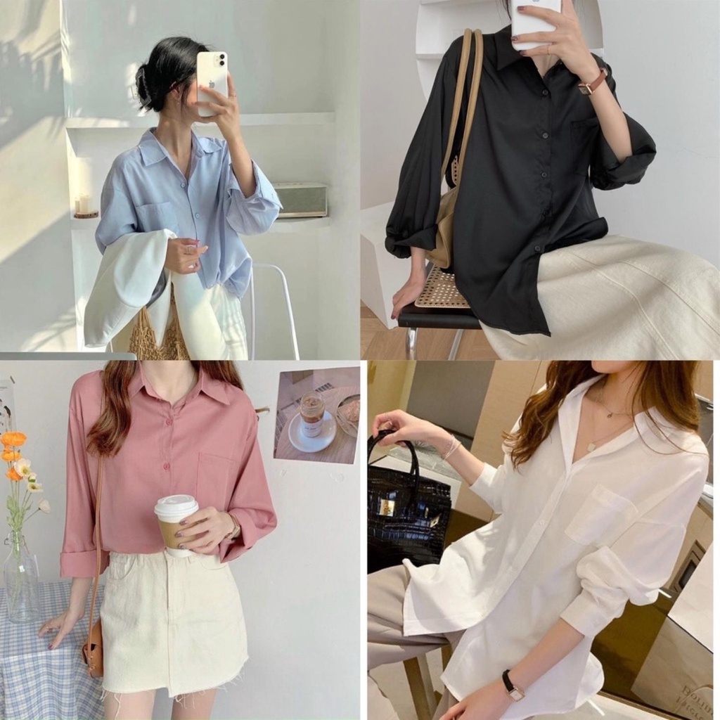 Áo sơ mi lụa Hàn 5 màu xinh Sơ mi dài tay nữ phom rộng 1 túi Miumiin Clothes