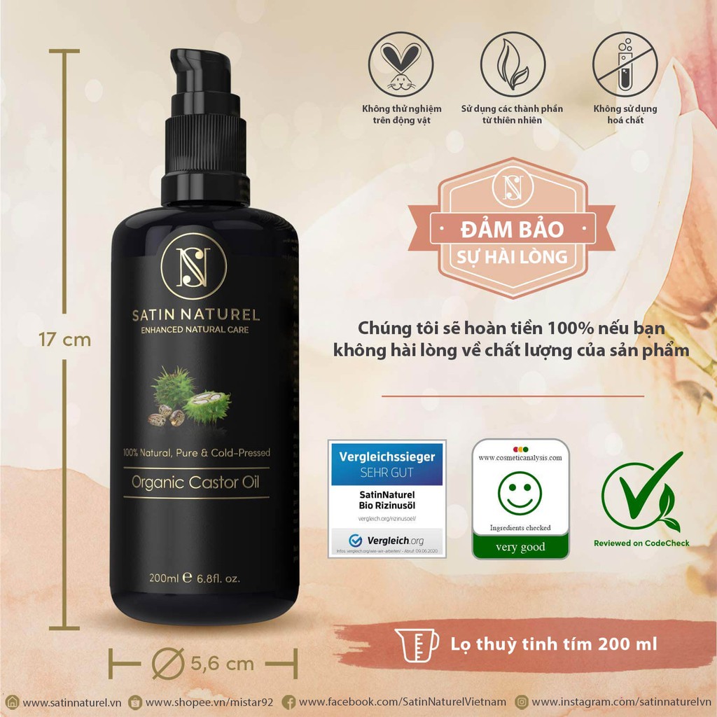 Organic Castor Oil 200ml | Dầu Thầu Dầu 100% Nguyên Chất |Satin Naturel | Mỹ Phẩm Đức