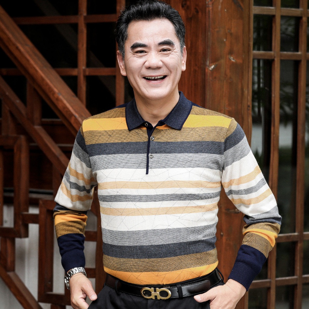 Áo Thun Dệt Kim Tay Dài Cổ Bẻ Thời Trang Xuân Thu Cho Đàn Ông Trung Niên