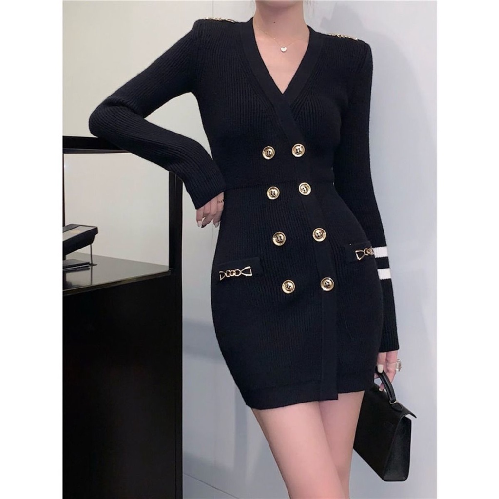 Áo đầm nhấn eo cổ chữ V tay dài thời trang mùa thu 2021